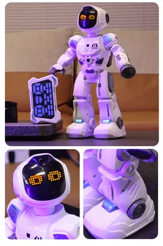 A high-tech robot with a display screen, standing on a table next to a controller, showcasing a sleek design and illuminated features.