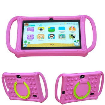 A pink kids tablet featuring a colorful interface, surrounded by a durable protective case with handles.