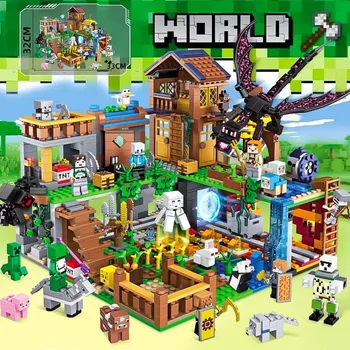 Minecraft-Themed LEGO Set:::A colorful LEGO set inspired by Minecraft, featuring buildings, characters, and various elements from the game, set in a playful landscape.
