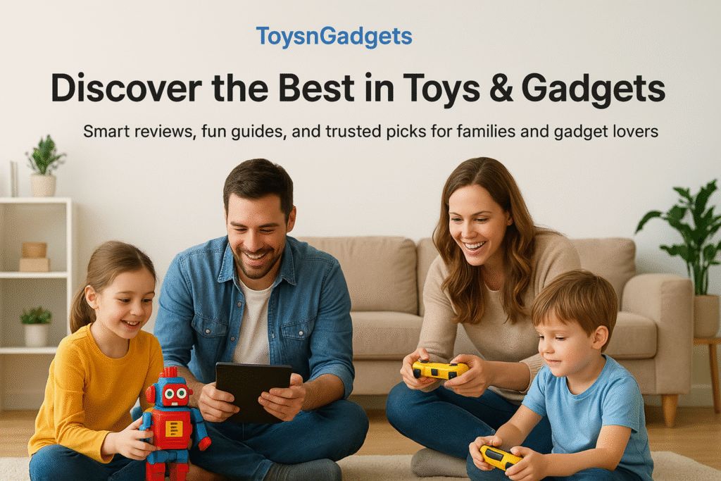 A family enjoying playtime together with toys and gadgets in a cozy living room setting.