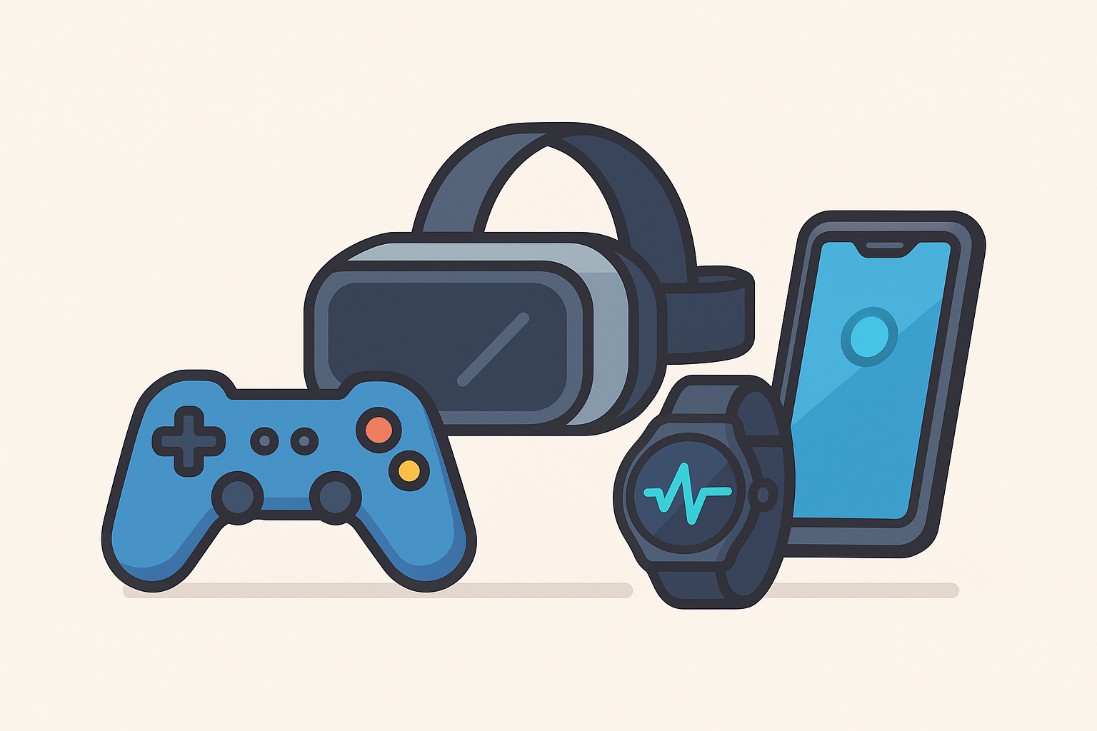 A collection of modern gaming and technology gadgets, including a blue game controller, VR headset, smartwatch, and smartphone, displayed on a light background.