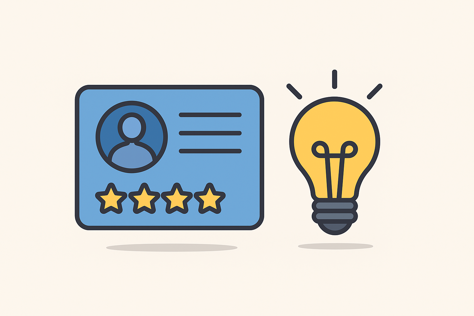 An illustration depicting a user profile card with a rating system alongside a light bulb representing creativity or ideas.