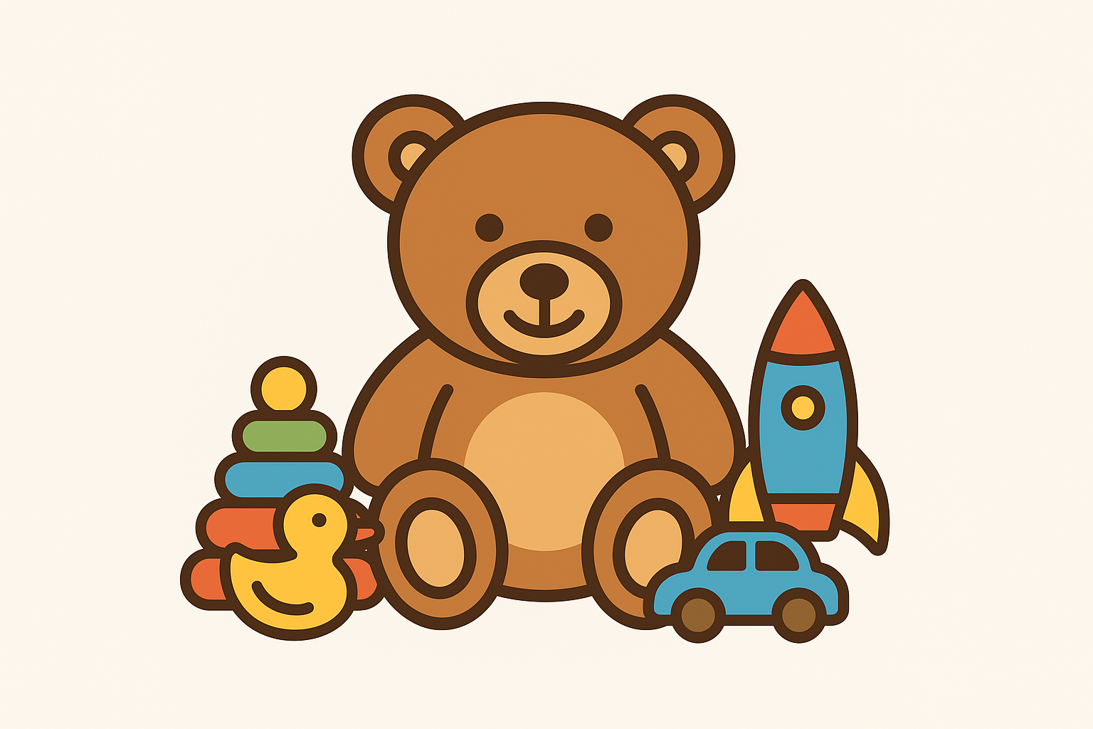 A cheerful bear surrounded by a colorful stacking toy, a yellow rubber duck, a blue rocket, and a small car against a soft background.